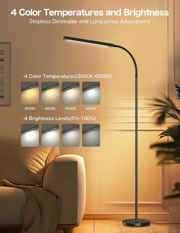 Floor Lamp,9W Bright LED Standing Lamp with 3000K-6000K Adjustable 4 Color Temperature,Touch Control Dimmable Modern Task Floor Lamp with Timing for Living Room Bedroom Office - LeafyLoom