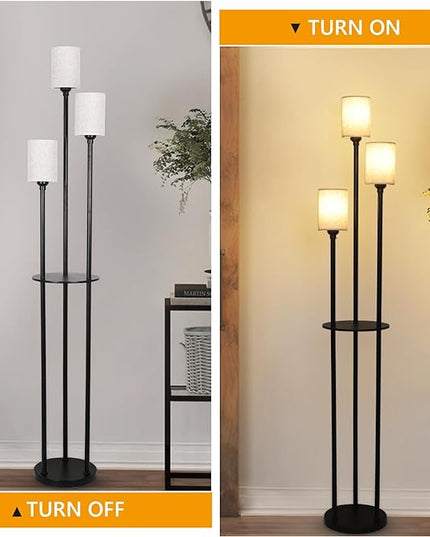 Floor Lamp with Shelves, Modern Floor Lamps for Living Room, 3-Lights Standing Lamp with Linen Shade and Foot Switch, Industrial Standing Lamps for Bedroom, Black Tall Table Lamp for Office - LeafyLoom