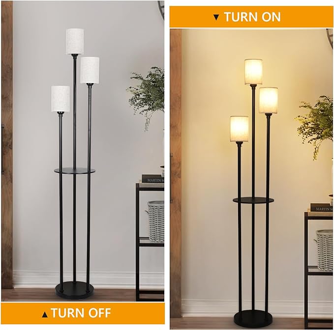 Floor Lamp with Shelves, Modern Floor Lamps for Living Room, 3-Lights Standing Lamp with Linen Shade and Foot Switch, Industrial Standing Lamps for Bedroom, Black Tall Table Lamp for Office - LeafyLoom