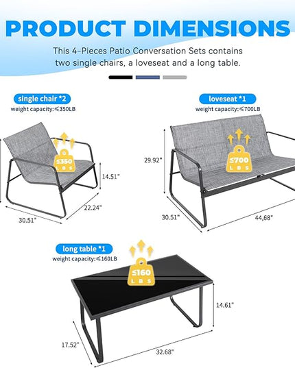 4 Pieces Patio Furniture Set Outdoor Patio Conversation Sets Poolside Lawn Chairs with Glass Coffee Table Porch Furniture for Courtyard, Garden and Balcony (Grey) - LeafyLoom