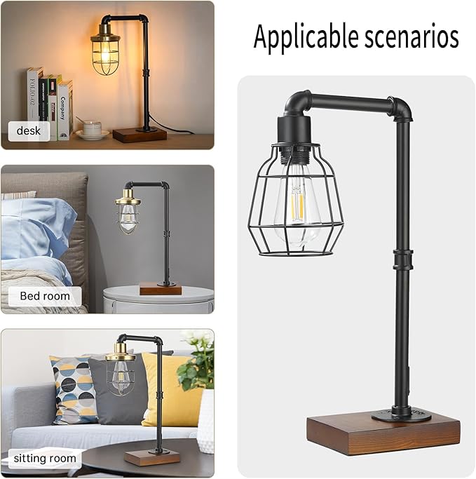 CONCA Industrial Steampunk Table Lamp, Edison Bulb, Metal, A-Black, 19.6x11.7x5.35 inches, 3 lbs, E26 Base, 800 Lumen, 120V - LeafyLoom