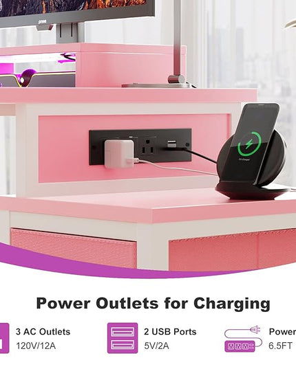 Small Gaming Desk with 2 Fabric Drawers - Reversible Computer Desk with Power Outlet & LED Lights, 49" Office Desk with Monitor Stand & Storage Shelves, Writing Study Table with Pegboard, Pink - LeafyLoom