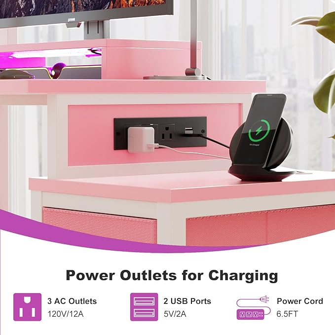 Small Gaming Desk with 2 Fabric Drawers - Reversible Computer Desk with Power Outlet & LED Lights, 49" Office Desk with Monitor Stand & Storage Shelves, Writing Study Table with Pegboard, Pink - LeafyLoom