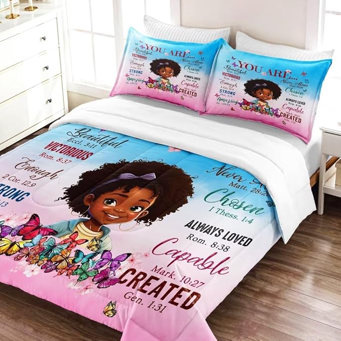 Black Girl Comforter Set Full for Kids Teens,God Says You are Comforter Set for Black Women,Black Girl Magic Bedding Set,African American Girl Bed Bedroom Set - LeafyLoom