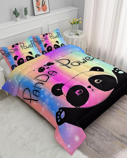 Datura home Bedding Comforter Set Rainbow Kawaii Cute Panda Printed Pattern with 1 and 2 Pillowcases for Girls Bedroom All Season(Panda Twin) Twin 68x86inches - LeafyLoom
