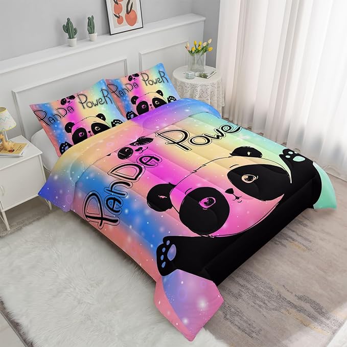 Datura home Bedding Comforter Set Rainbow Kawaii Cute Panda Printed Pattern with 1 and 2 Pillowcases for Girls Bedroom All Season(Panda Full) Full 80x90inches - LeafyLoom