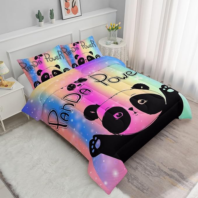 Datura home Bedding Comforter Set Rainbow Kawaii Cute Panda Printed Pattern with 1 and 2 Pillowcases for Girls Bedroom All Season(Panda Queen) Queen 90x90inches - LeafyLoom
