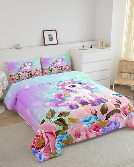 Cartoon Unicorn Kids Comforter Set Queen Size,Rose Flowers Butterfly Leaves Bedding Set,Girls Women Room Decor,Starry Sky Unicorn Cute Down Comforter,Pink Purple Romantic Duvet Insert,2 Pillowcases - LeafyLoom