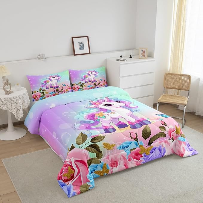 Cartoon Unicorn Kids Comforter Set Queen Size,Rose Flowers Butterfly Leaves Bedding Set,Girls Women Room Decor,Starry Sky Unicorn Cute Down Comforter,Pink Purple Romantic Duvet Insert,2 Pillowcases - LeafyLoom