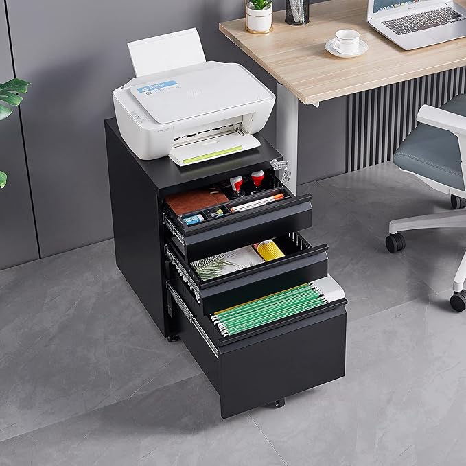 3-Drawer Mobile Lock and 5 Casters,Pre-Assembled Metal Office Storage Filing Cabinets w/ 1 Removable Hanging Rods,for Legal/Letter Size,Black - LeafyLoom