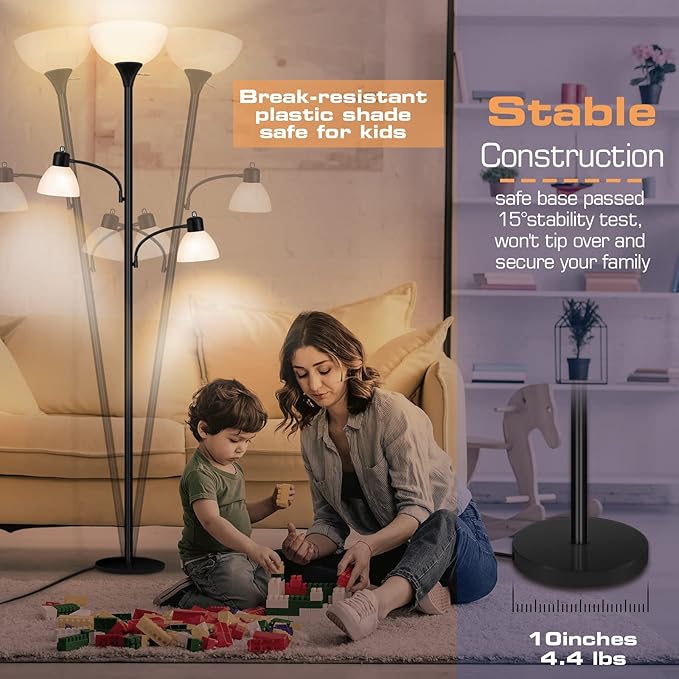 Luvkczc Floor Lamps for Living Room,Torchiere Floor Lamp with 8W Adjustable Reading Lights, Industrial Tall Lamps for Living Room, Bedroom, Office, 3 Bulbs Included - LeafyLoom