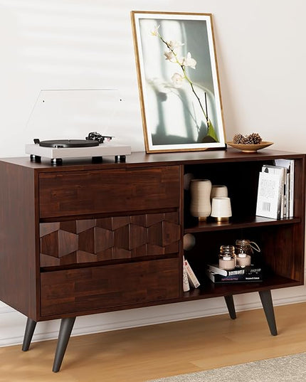 Bme Georgina 45 Inch Solid Wood TV Stand, Under 10 Minutes Assembly Entertainment Center with Storage, Geometric Pattern TV Console for Living Room, Bedroom, Dinning Room - Walnut - LeafyLoom