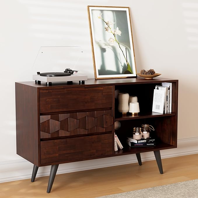 Bme Georgina 45 Inch Solid Wood TV Stand, Under 10 Minutes Assembly Entertainment Center with Storage, Geometric Pattern TV Console for Living Room, Bedroom, Dinning Room - Walnut - LeafyLoom