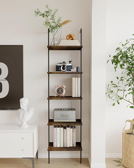 aboxoo Ladder Shelf 5 Tiers Metal Industrial Bookshelf, Rustic Brown Wood Tall Open Storage Rack and Display Shelves Plant Stand,Wall Mount Wide Book Case for Home Office Bedroom,Small - LeafyLoom