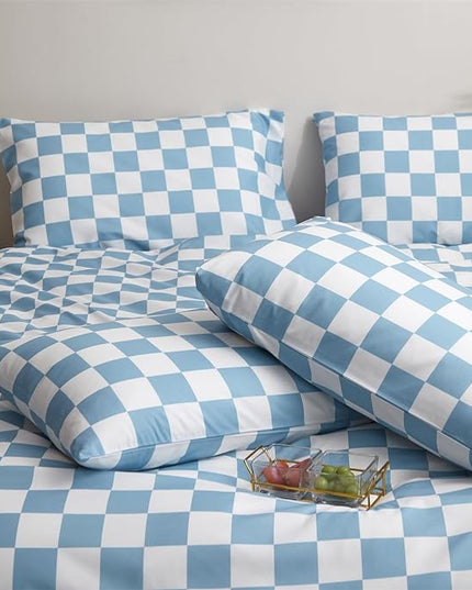 Wellboo Blue White Plaid Comforter Sets Queen Women Men Light Blue and White Checkerboard Grid Bedding Comforters Cotton Boys Girls Modern Dusty Blue Checkered Geometric Quilts Luxury Sky Blue Bed - LeafyLoom