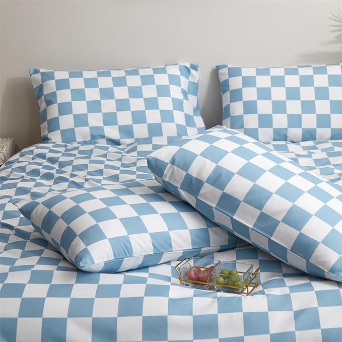 Wellboo Blue White Plaid Comforter Sets California King Women Men Light Blue and White Checkerboard Grid Bedding Comforters Cal King Cotton Dusty Blue Checkered Geometric Quilts Luxury Sky Blue Bed - LeafyLoom