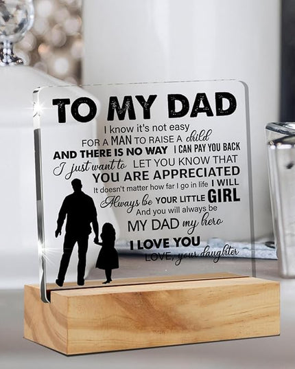 Father Gift Dad Gifts From Daughter, to My Dad My Hero Quote Desk Decor Acrylic Desk Plaque Sign with Wood Stand Home Office Desk Sign Keepsake Present - LeafyLoom