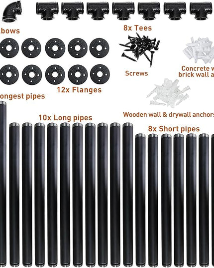 HITOMEN Industrial Iron Pipe Shelves, 2 Set 5-Tier, 70" Tall, 12" Depth, DIY Open Bookshelf Bookcase, Wall Mounted Vintage Retro Shelving, Rustic Farmhouse Pantry Kitchen Storage, Black Shelf Brackets - LeafyLoom