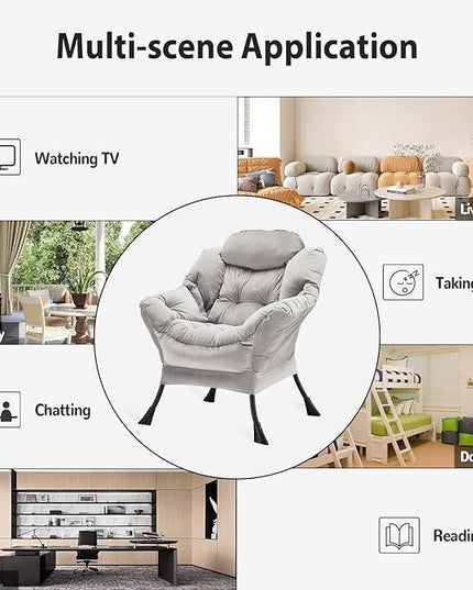 Lazy Chair Thick Padded, Accent Chair Velvet Upholstered with Wide Seat, Stable Metal Frame and Non-Slip Pad, Modern Sofa Armchair with Side Storage Bag for Dorm, Room, Office, Light Gray - LeafyLoom