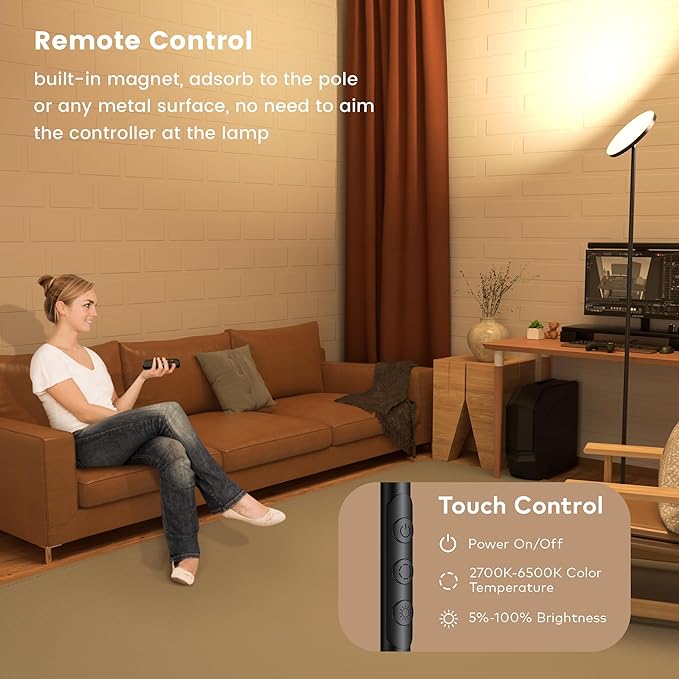 Floor Lamp,Bright 36W 3500LM Standing Lamp with Remote, 2700K Soft White to 6500K Cool White Adjustable,Touch Control Dimmable Torchiere Tall Lamp for Living Room,Bedroom,Office,Sofa(Black) - LeafyLoom