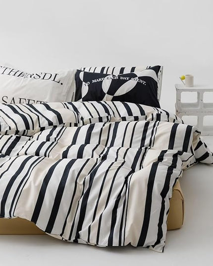 Striped Comforter Set California King Black White Comforter Men Women Modern Chic Stripes Bed Comforter Beige Black Striped Cal King Ticking Bedding Comforter All Season Hotel Quality Bed Set - LeafyLoom