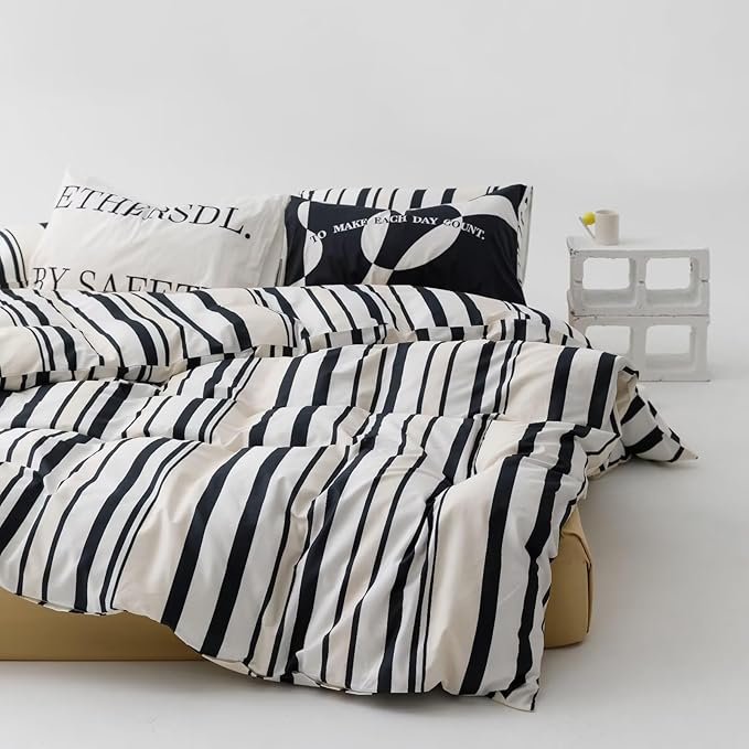 Striped Comforter Set California King Black White Comforter Men Women Modern Chic Stripes Bed Comforter Beige Black Striped Cal King Ticking Bedding Comforter All Season Hotel Quality Bed Set - LeafyLoom