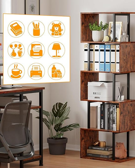 Furologee 6-Tier Bookshelf, Tall S-Shaped Geometric Bookcase, Industrial Freestanding Display Shelf Unit, Wood and Metal Decorative Room Divider for Living Room Bedroom, Home Office, Rustic Brown - LeafyLoom