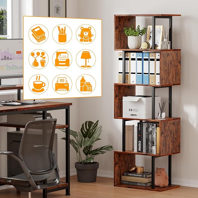 Furologee 6-Tier Bookshelf, Tall S-Shaped Geometric Bookcase, Industrial Freestanding Display Shelf Unit, Wood and Metal Decorative Room Divider for Living Room Bedroom, Home Office, Rustic Brown - LeafyLoom