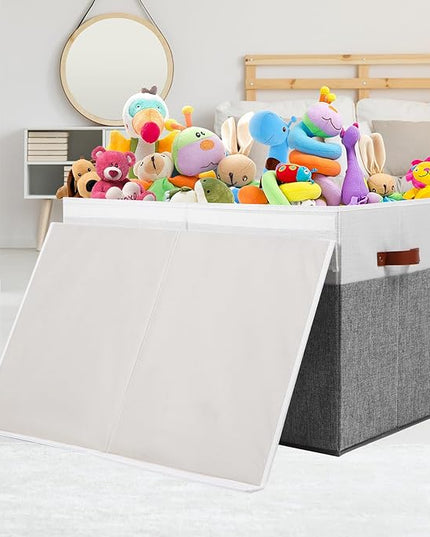 Large Toy Storage Box with Lid, Sturdy Toys Storage Chest Bin Organizer Basket with Dividers for Kids, Boys, Girls, Nursery, Closet, Bedroom, Playroom 26"x17" x17" (Grey and White) - LeafyLoom