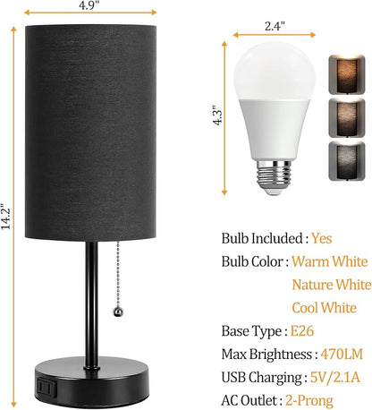 Dott Arts Table Lamp for Bedroom, 3-Color Bedside Lamps with Pull Chain, Bedroom Table Lamps for Nightstand,Small Lamp for Living Room, Bulb Included Black - LeafyLoom