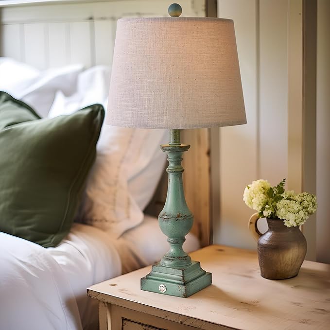 PORTRES 25.75" 3 - Way Dimmable Touch Lamps Set of 2 for Bedroom Rustic Bedside Lamp with USB A+C Charging Ports for Living room Kids Room Study Room （Green） - LeafyLoom