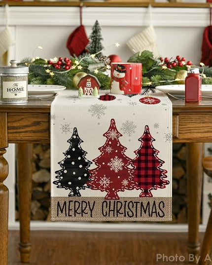 Artoid Mode Red Pine Trees Merry Christmas Table Runner, Winter Xmas Holiday Kitchen Dining Table Decoration for Home Party Decor 13x60 Inch ArtoidMode
