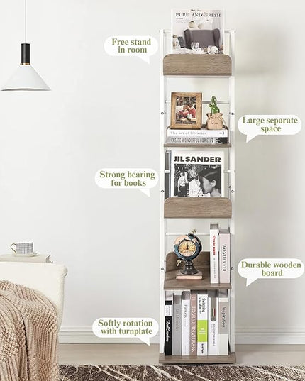 Bikoney Bookshelves 5-Tier, Rotating Bookshelf Tower for Corner, Small Bookcase, Tall Industrial Bookshelf, Narrow Bookshelf, Wood and Metal White - LeafyLoom