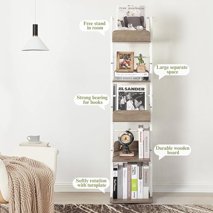 Bikoney Bookshelves 5-Tier, Rotating Bookshelf Tower for Corner, Small Bookcase, Tall Industrial Bookshelf, Narrow Bookshelf, Wood and Metal White - LeafyLoom