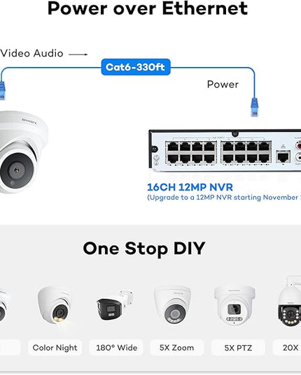 ONWOTE NVR PoE Security Camera System 4K, 16 Channel 12MP Commercial NVR 4TB, 8X 8MP Wired Outdoor IP Cameras, 134° FoV, AI Detection, 24/7 Video Audio Recording, CCTV Surveillance for Home Business ONWOTE