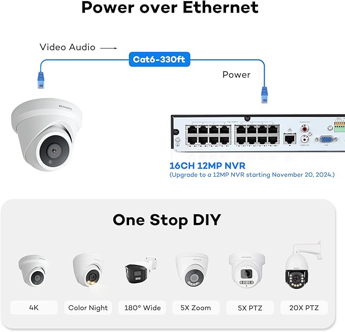 ONWOTE NVR PoE Security Camera System 4K, 16 Channel 12MP Commercial NVR 4TB, 8X 8MP Wired Outdoor IP Cameras, 134° FoV, AI Detection, 24/7 Video Audio Recording, CCTV Surveillance for Home Business ONWOTE