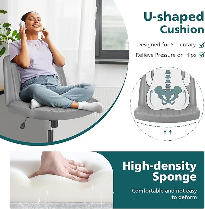 OLIXIS Cross Legged Armless Wide Adjustable Swivel Padded Home Office Desk Chair, Silver - LeafyLoom