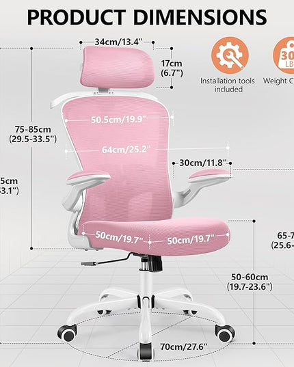 FelixKing Office Chair with Headrest, Ergonomic Desk Chair with Wheels, Task Swivel Comfy Chair with Adjustable Lumbar Support, Breathable Mesh Computer Chair with flip-up Armrests for Home (Pink) - LeafyLoom