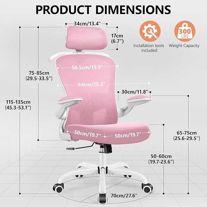 FelixKing Office Chair with Headrest, Ergonomic Desk Chair with Wheels, Task Swivel Comfy Chair with Adjustable Lumbar Support, Breathable Mesh Computer Chair with flip-up Armrests for Home (Pink) - LeafyLoom