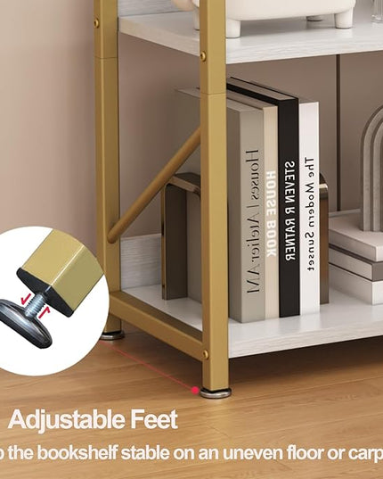 Small Bookshelf for Small Spaces, 3 Tier Bookcase, Narrow Gold Book Shelf, Small Shelf Open Display Rack for Bedroom, Living Room, Home Office,White&Gold - LeafyLoom