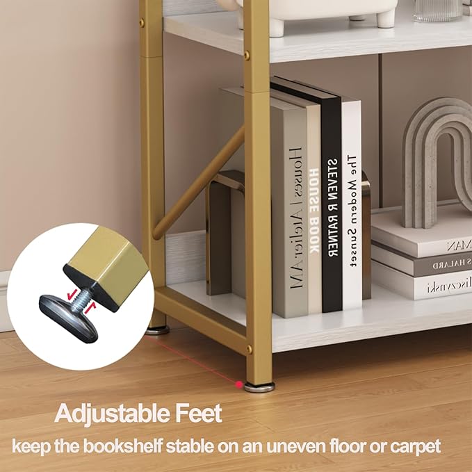Small Bookshelf for Small Spaces, 3 Tier Bookcase, Narrow Gold Book Shelf, Small Shelf Open Display Rack for Bedroom, Living Room, Home Office,White&Gold - LeafyLoom