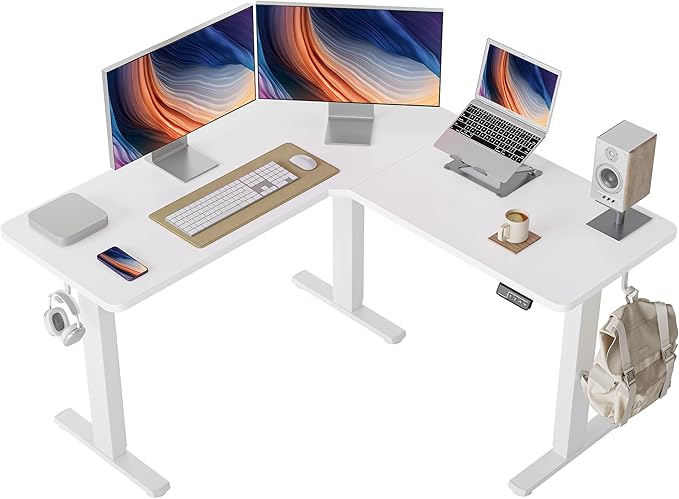 FEZIBO L Shaped Standing Desk, Electric Stand up Height Adjustable Home Office Table, Sit Stand Desk, White Top - LeafyLoom