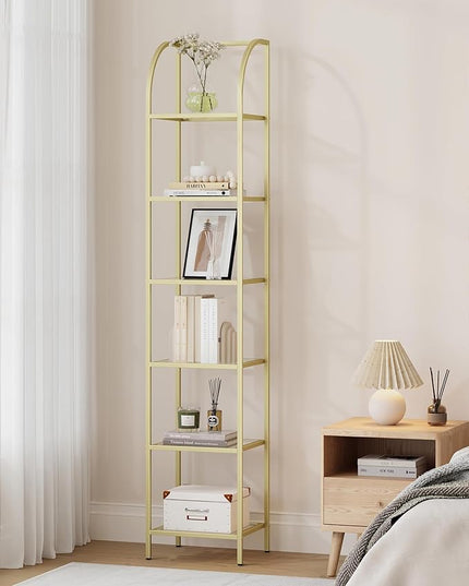 Bookcase Bookshelf, Tempered Glass Arched Bookshelf for More Storage, Slim Shelving Unit for Bedroom, Bathroom, Home Office, Steel Frame, 6 Tier Gold BC20699G - LeafyLoom