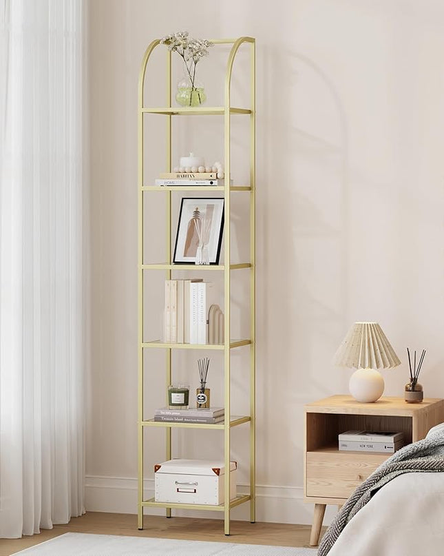 Bookcase Bookshelf, Tempered Glass Arched Bookshelf for More Storage, Slim Shelving Unit for Bedroom, Bathroom, Home Office, Steel Frame, 6 Tier Gold BC20699G - LeafyLoom