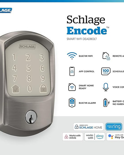 Schlage Encode Smart WiFi Deadbolt Lock for Front Door - Keyless Entry with App or Touchscreen - Works with Alexa, Apple HomeKit, Hey Google, & Airbnb - Create Codes for Guests - Satin Nickel Silver SchlageLockCompany