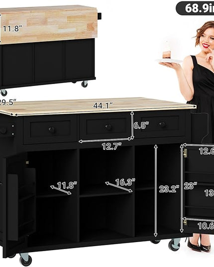 Kitchen Island with Drop Leaf and Storage 53in Rolling Kitchen Island On Wheels Black Large Mobile Kitchen Island Cart with Drawers Cabinet Spice Rack Towel Rack Storage for Kitchen - LeafyLoom