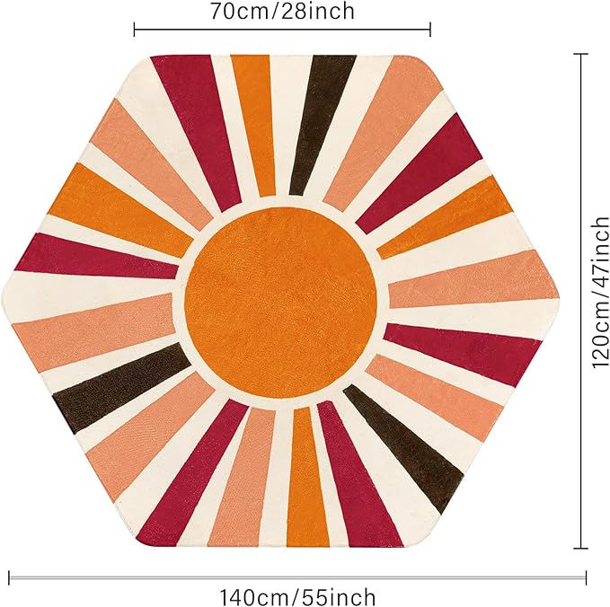 Washable Rainbow Rug for Kids Room Playroom, 4'x 4'7" Boho Sun Kids Rug for Girls Boys, Non-Slip Orange Carpet Small Play Rug for Tent Reading Corner Dorm Entryway - LeafyLoom