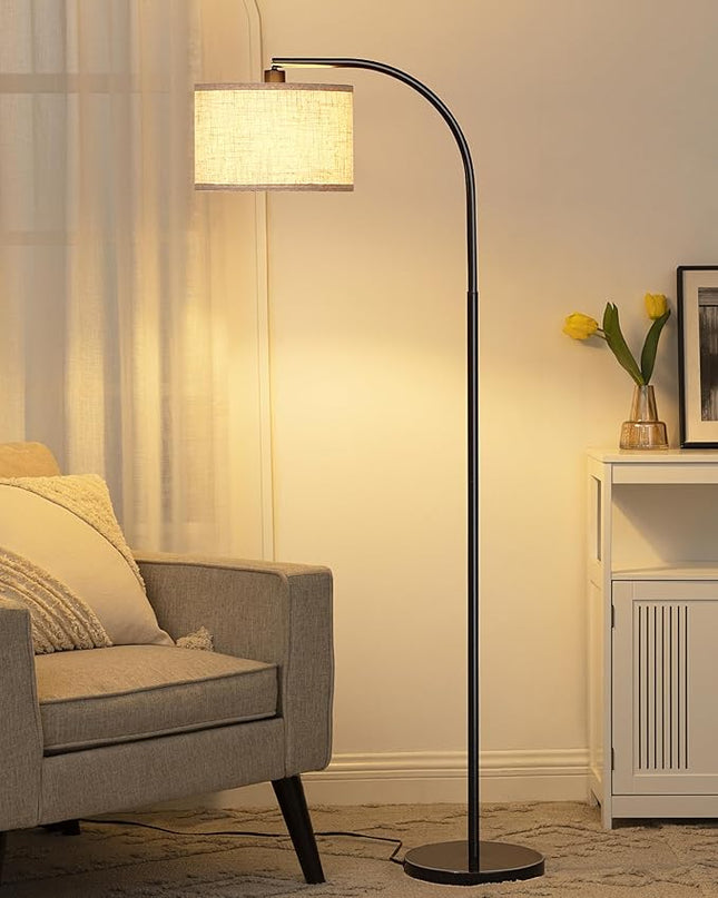 DEWENWILS Black Arched Floor Lamp, Standing Lamp Tall Industrial Floor Lamp with Linen Shade, Reading Light for Living Room, Bedroom, Office, Simple Design Farmhouse Style - LeafyLoom