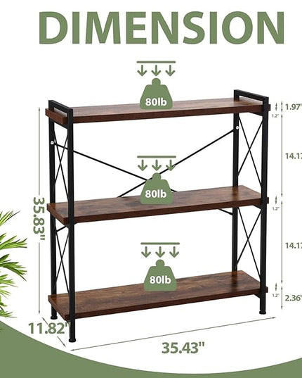 Small Shelf Industrial Bookshelf,3-Tier Wood Short Book Shelf Office Shelves with Metal Frame,Rustic Bookshelves Open Shelf Bookcase for Bedroom,Living Room,Office Home(Berry Brown) - LeafyLoom