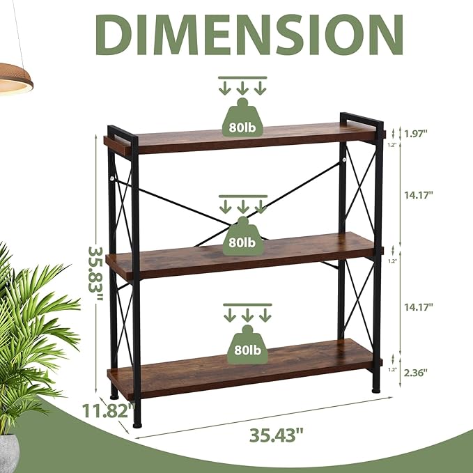 Small Shelf Industrial Bookshelf,3-Tier Wood Short Book Shelf Office Shelves with Metal Frame,Rustic Bookshelves Open Shelf Bookcase for Bedroom,Living Room,Office Home(Berry Brown) - LeafyLoom